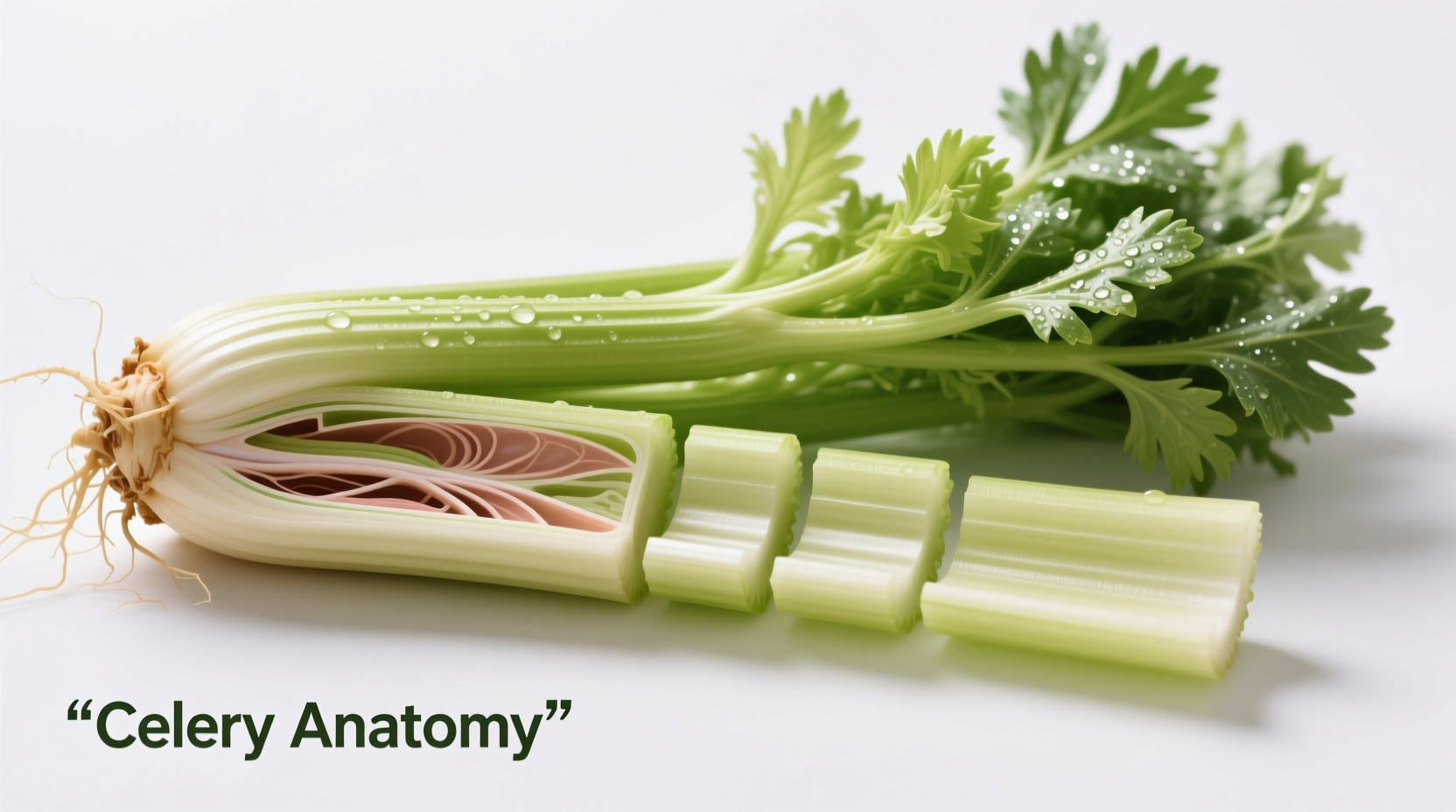 Fresh celery ribs showing base, middle, and leafy sections