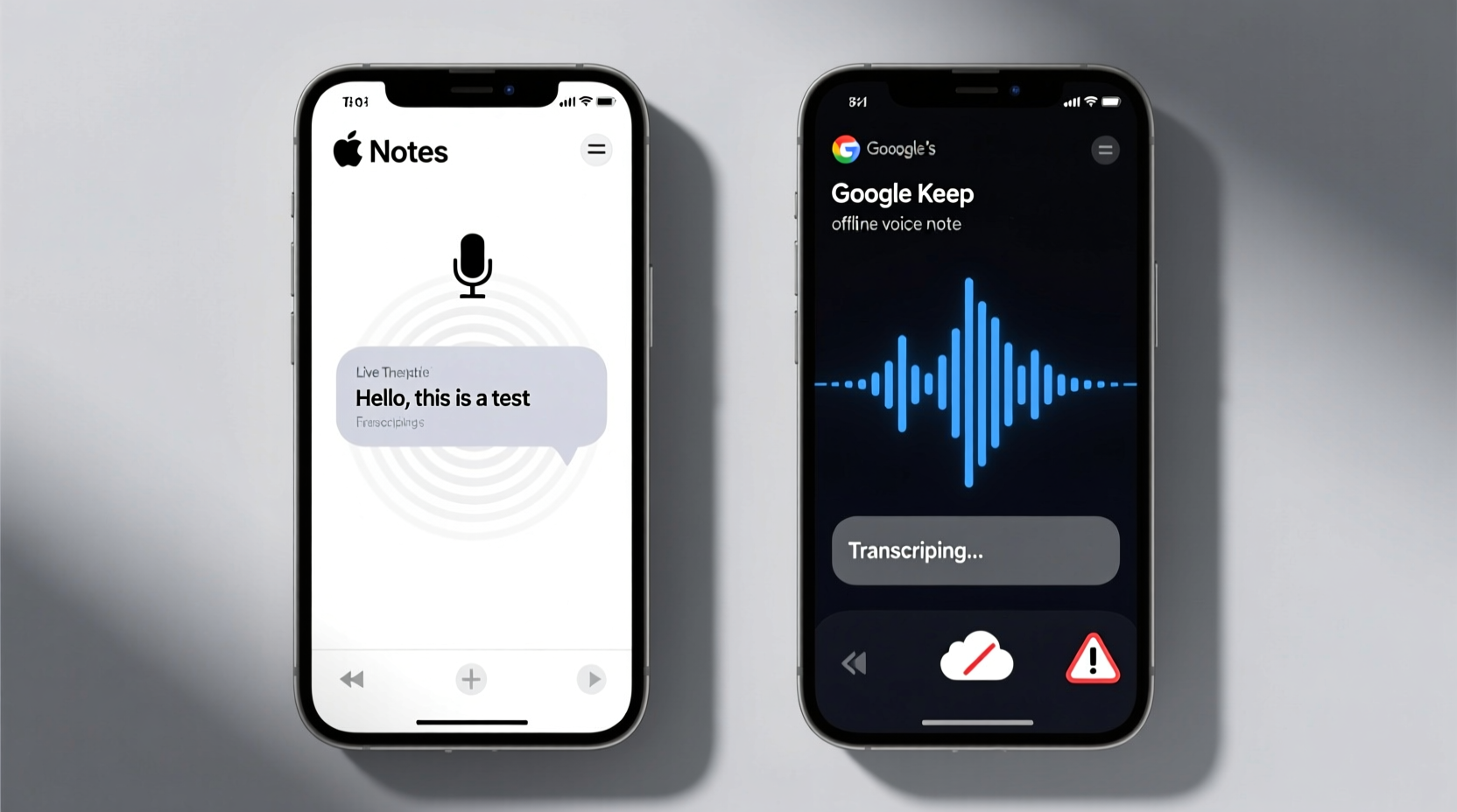 Side-by-side visual comparison: left shows Apple Notes interface with live transcription appearing beneath a microphone icon; right shows Google Keep’s offline voice note screen displaying only a waveform and 'Transcribing...' placeholder with a cloud-offline warning icon
