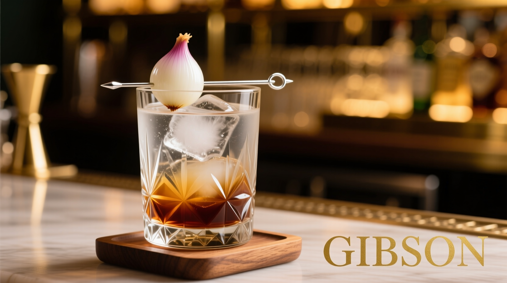 Properly garnished Gibson cocktail in crystal glass