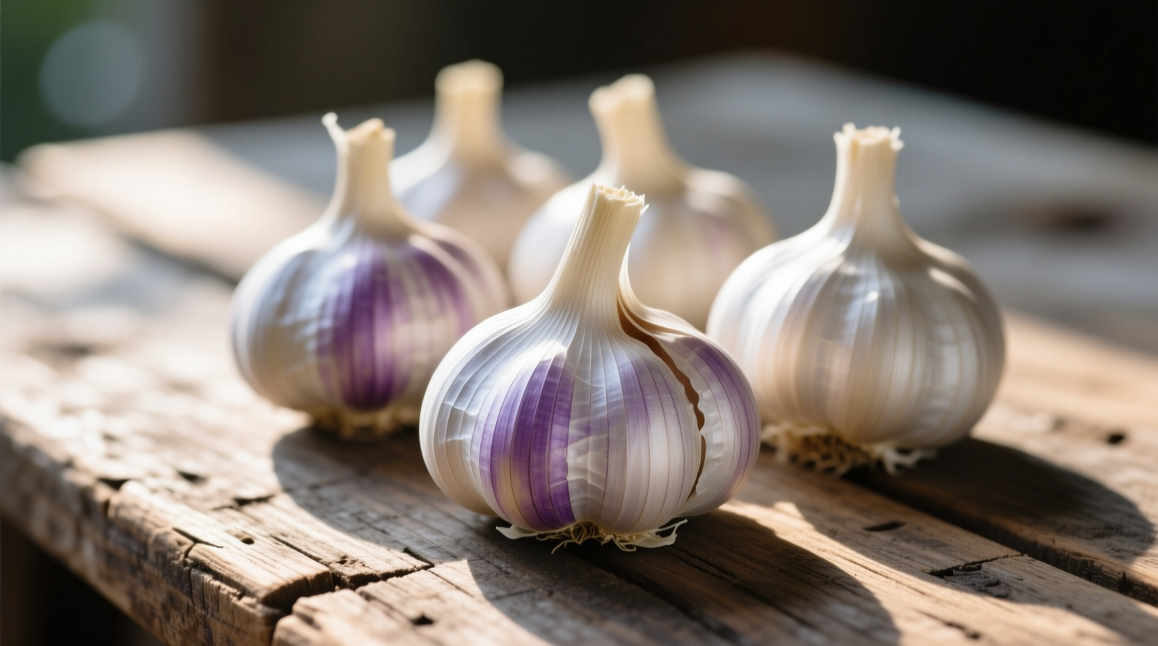 Fresh garlic bulbs with papery skin on wooden table