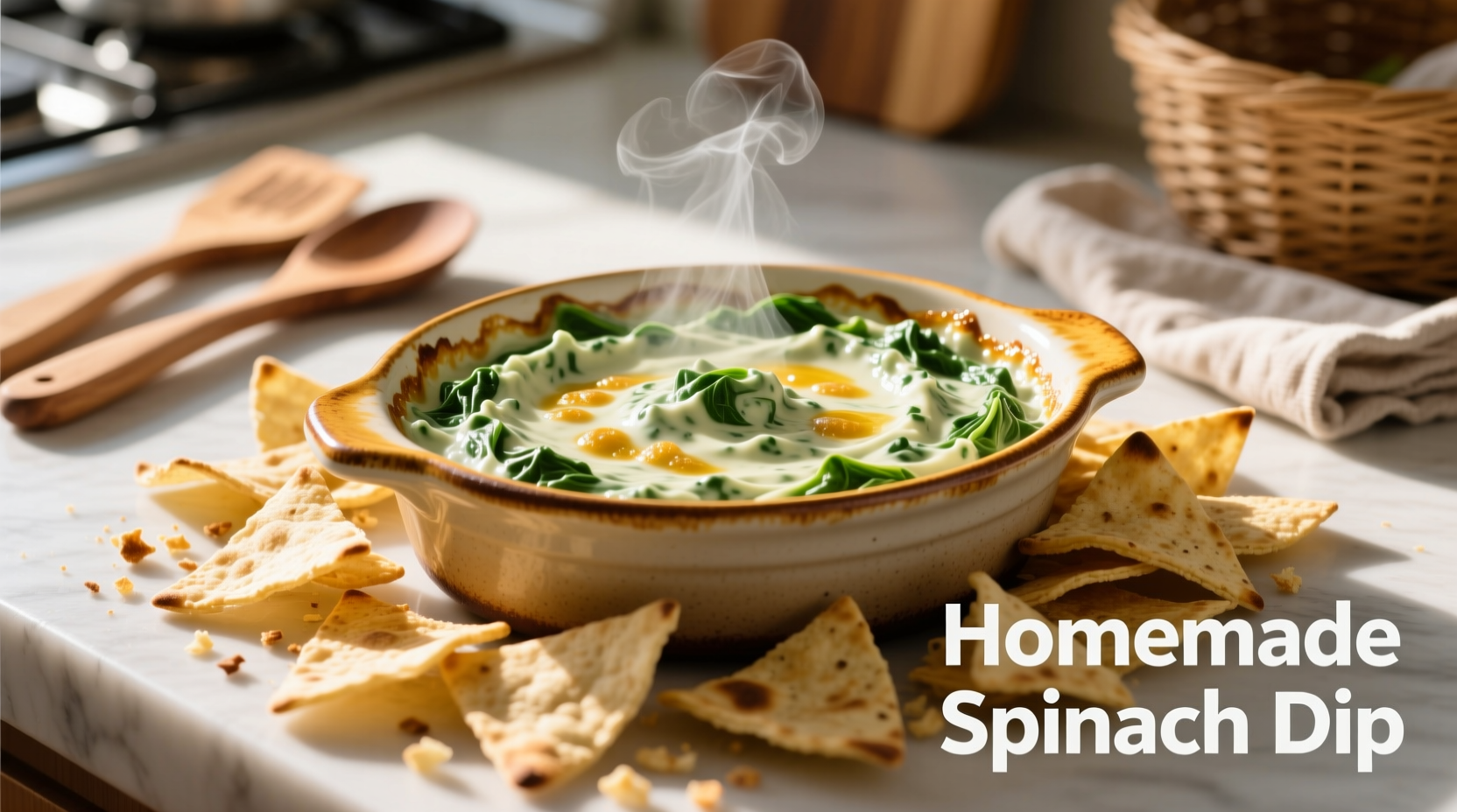 Creamy spinach dip in baking dish with pita chips