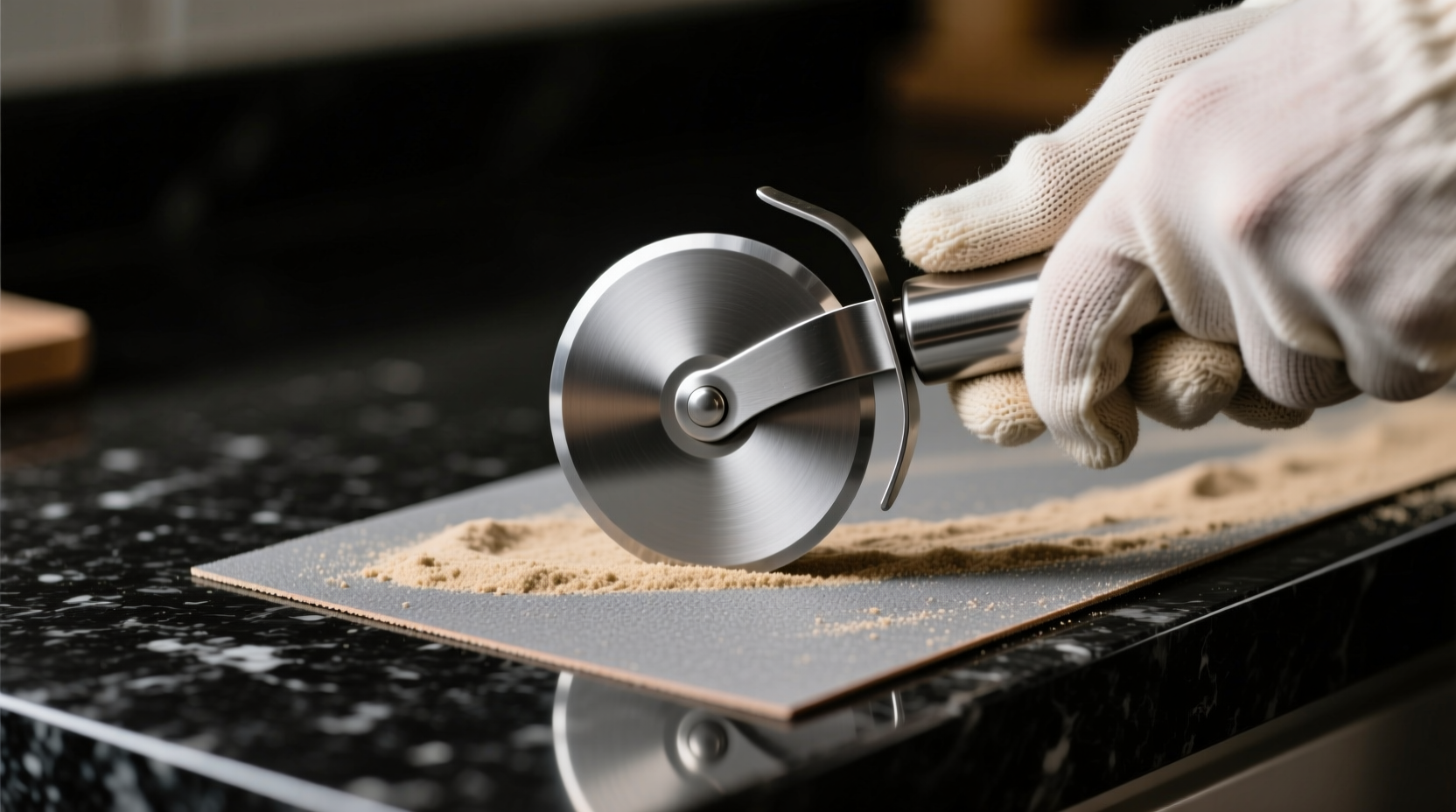 Close-up photo showing a stainless steel pizza cutter wheel being honed with a silver metal nail file at a shallow angle, with visible directional stroke marks and no debris or heat discoloration