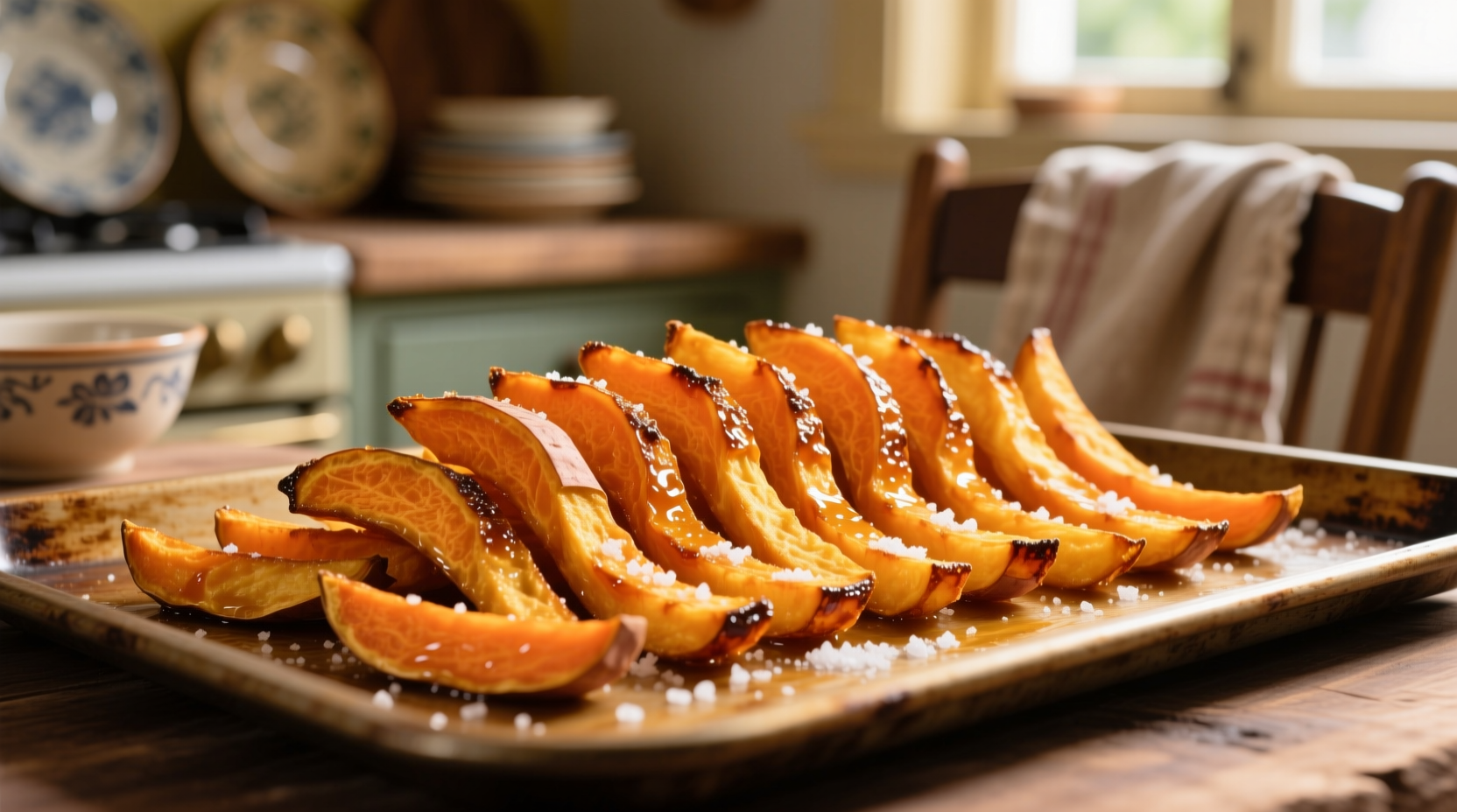 Perfectly golden sweet potato fries on baking sheet