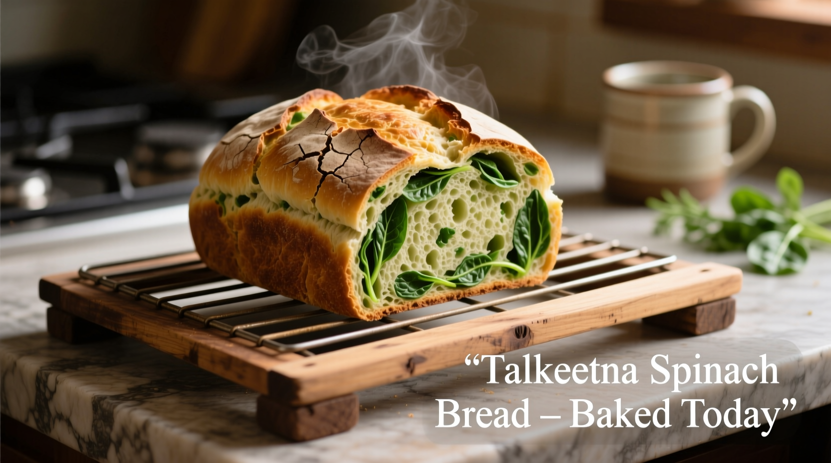 Freshly baked Talkeetna spinach bread cooling on a rack