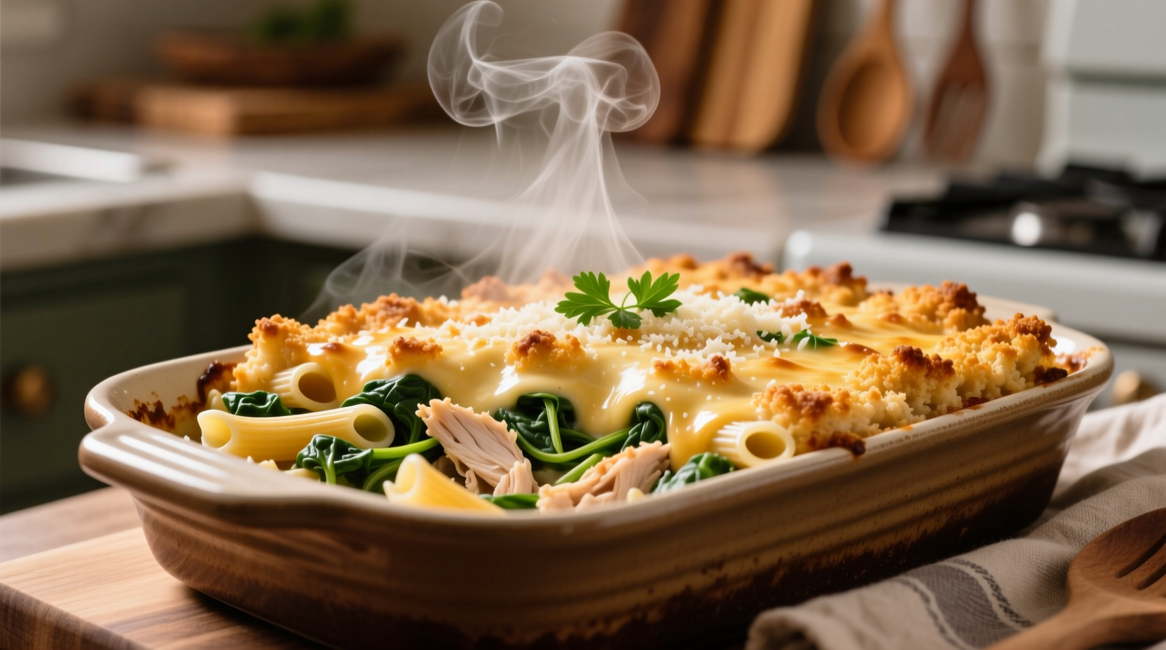 Creamy chicken spinach pasta bake fresh from oven