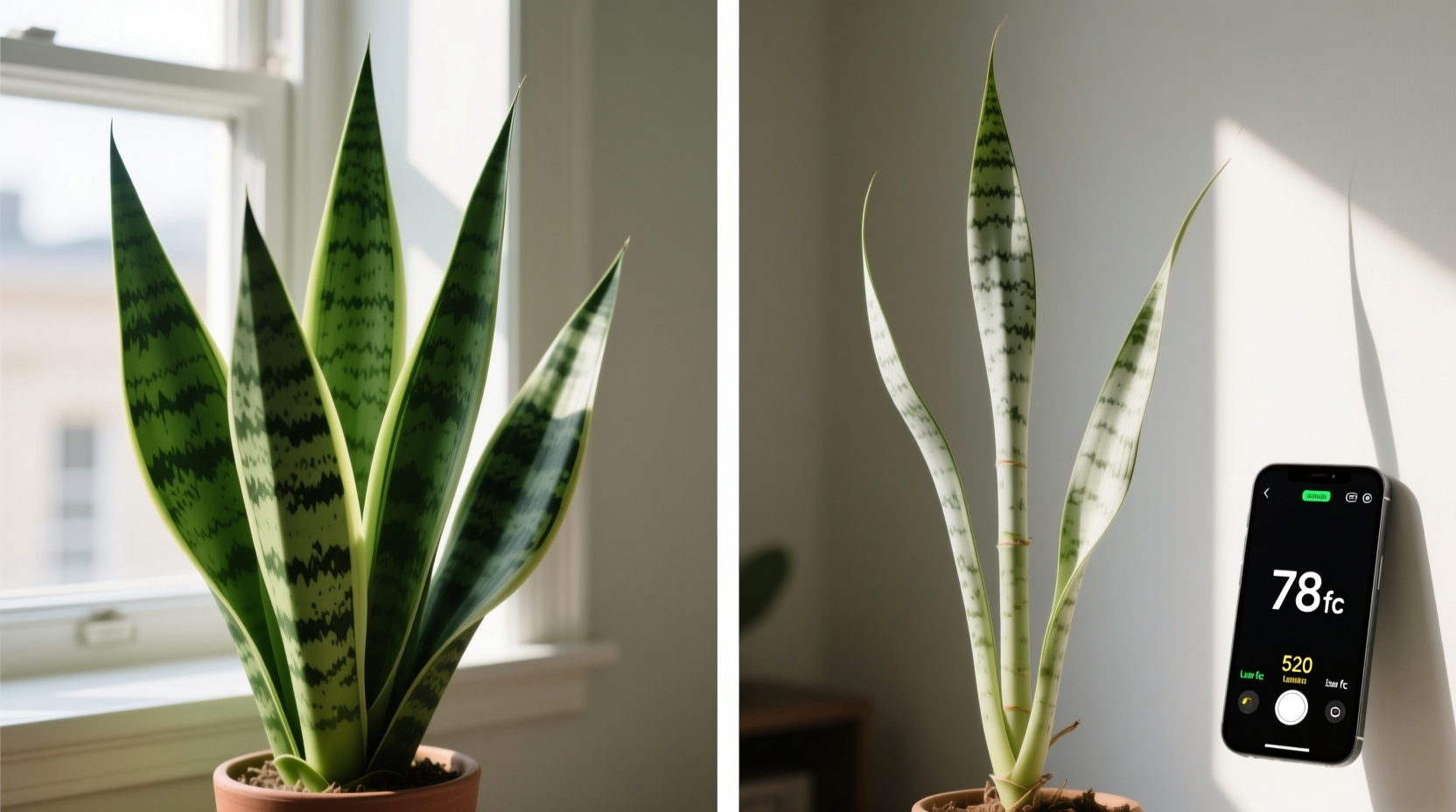 Side-by-side comparison of two identical snake plants: one thriving in bright indirect light near an east window, the other etiolated and pale in a dim corner, with a smartphone displaying lux meter readings (78 fc vs. 520 fc) beside each
