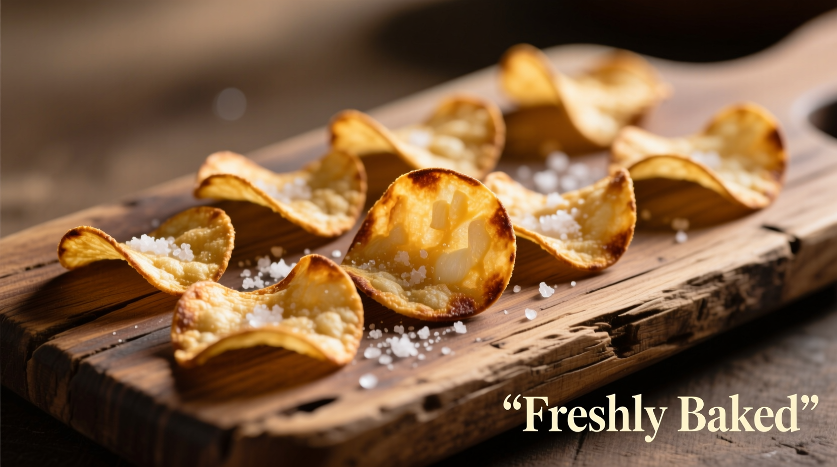 Golden brown onion cheese crisps arranged on a rustic wooden board
