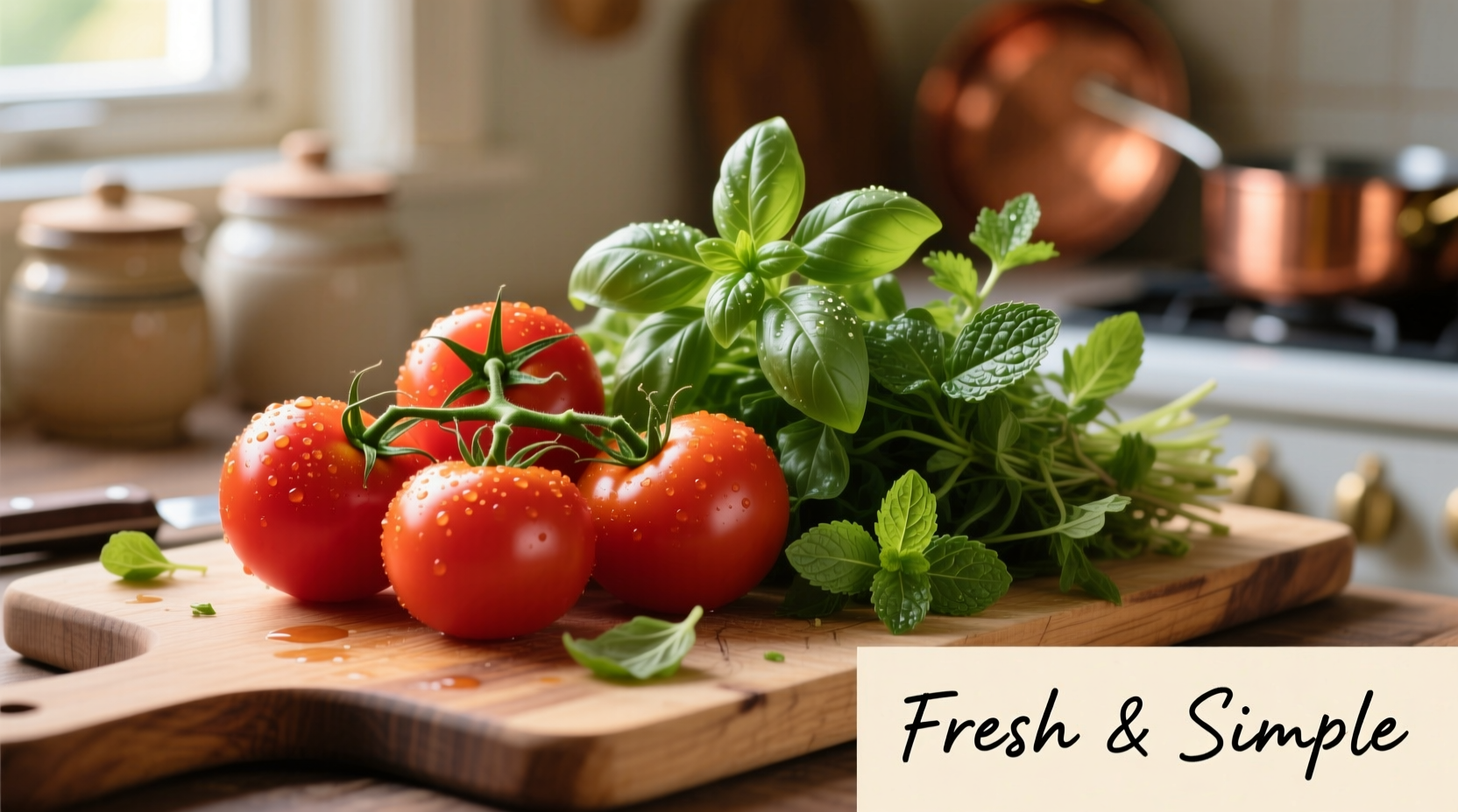 Fresh tomatoes and herbs for sauce preparation