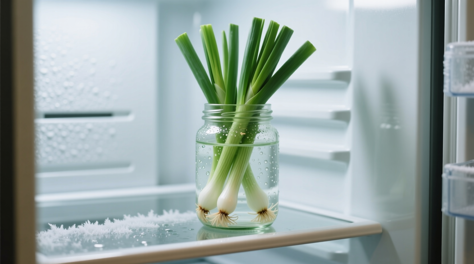 Green onions stored in water jar in refrigerator