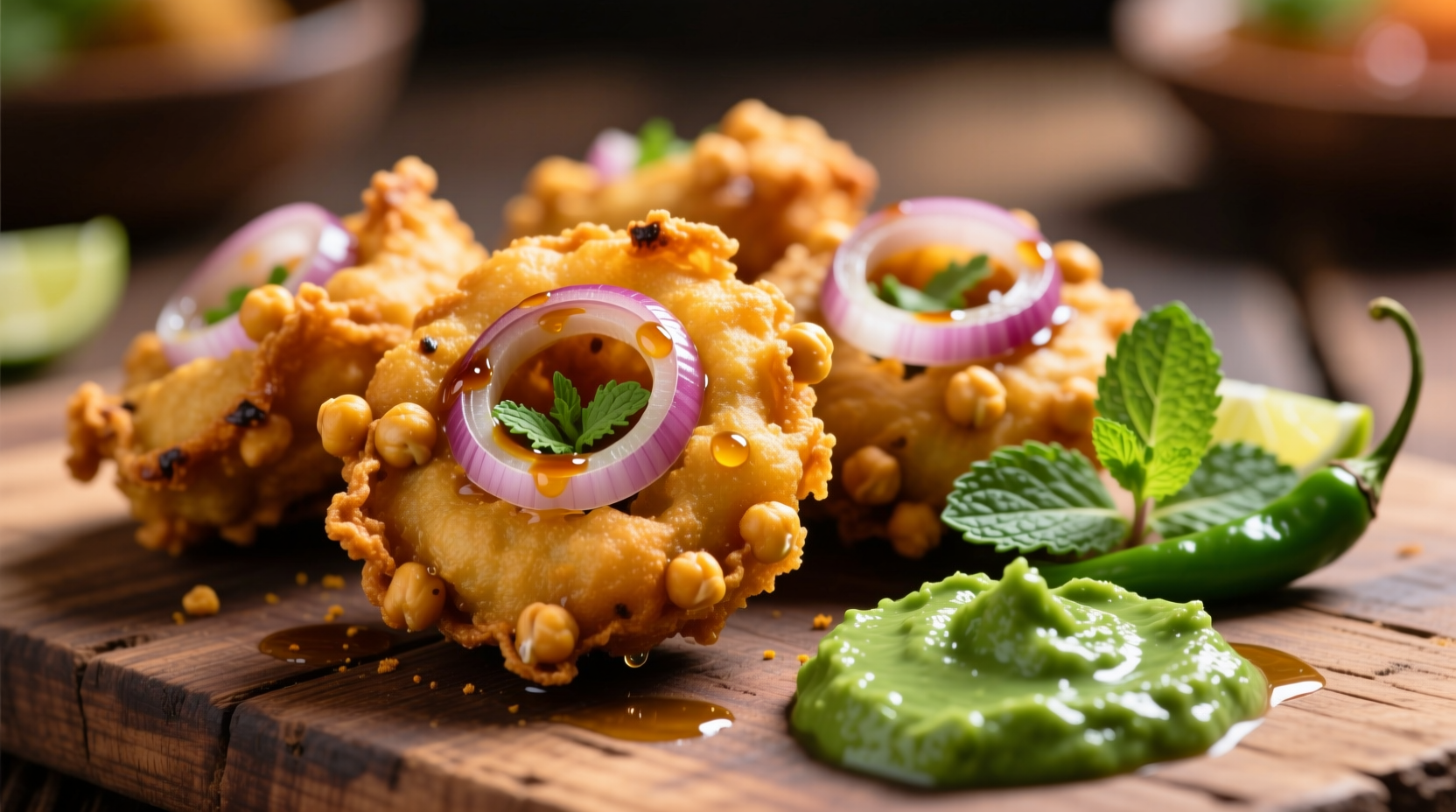 Crispy golden onion pakora with mint chutney