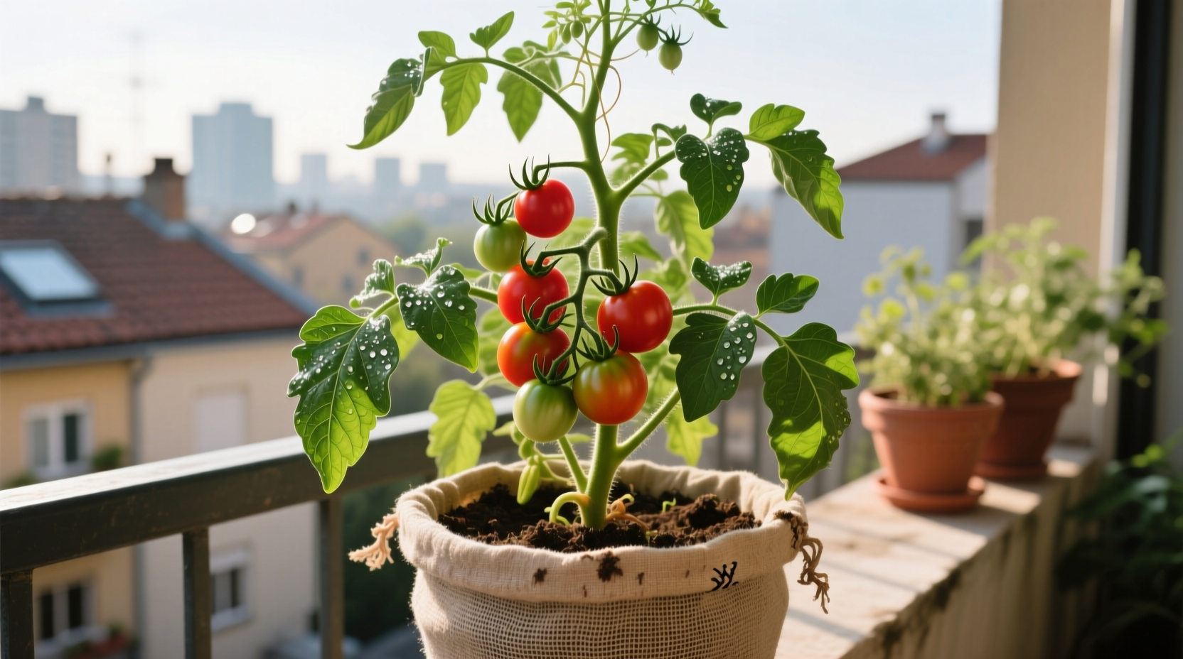 Healthy tomato plant growing in fabric container on balcony