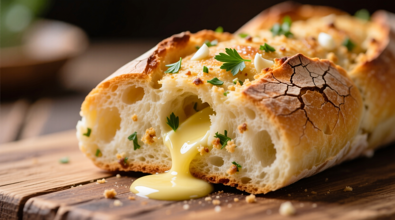 Freshly baked garlic bread with visible herb flecks