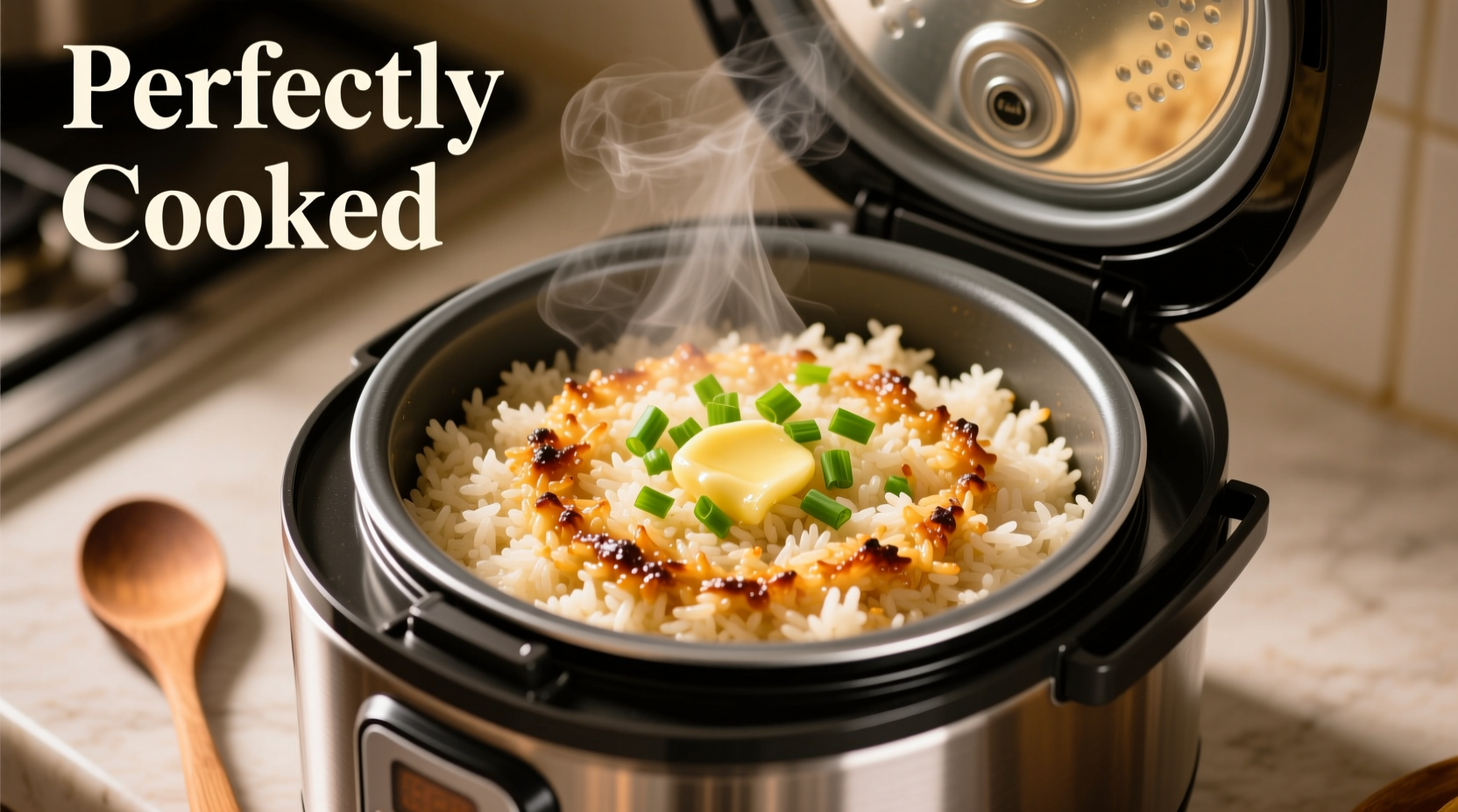 Perfectly cooked garlic rice in rice cooker