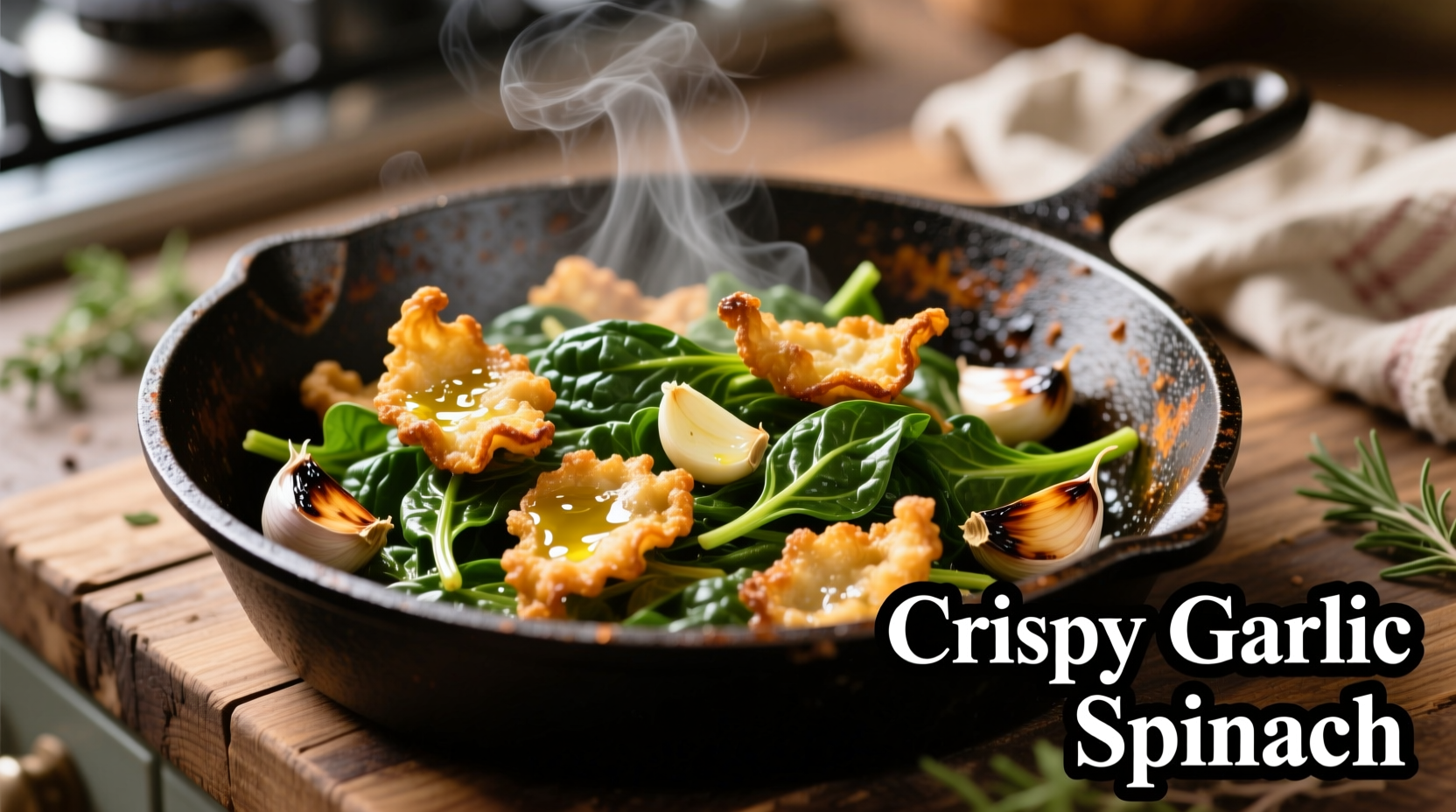 Crispy fried spinach with garlic in cast iron skillet