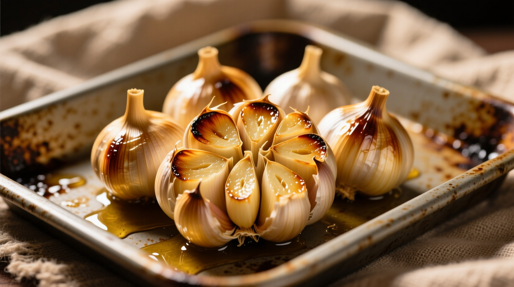 Golden roasted garlic cloves on baking sheet