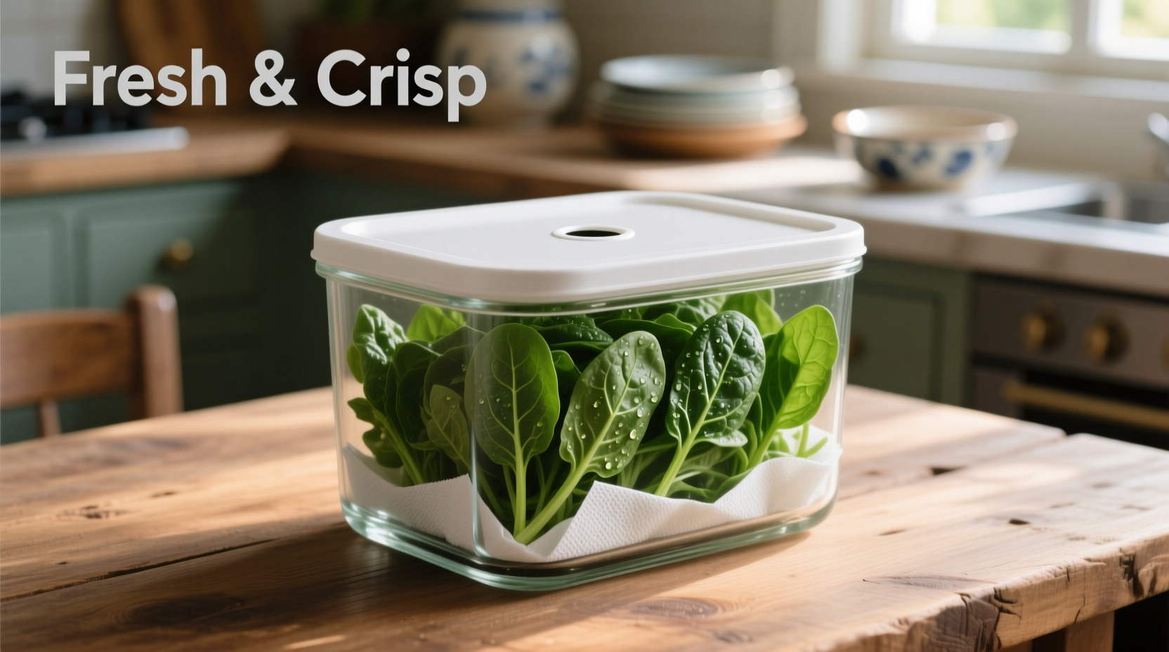 Fresh spinach stored in glass container with paper towels