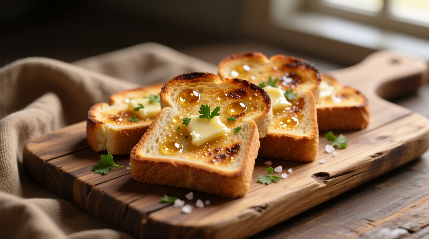 Golden brown garlic toast slices on wooden board