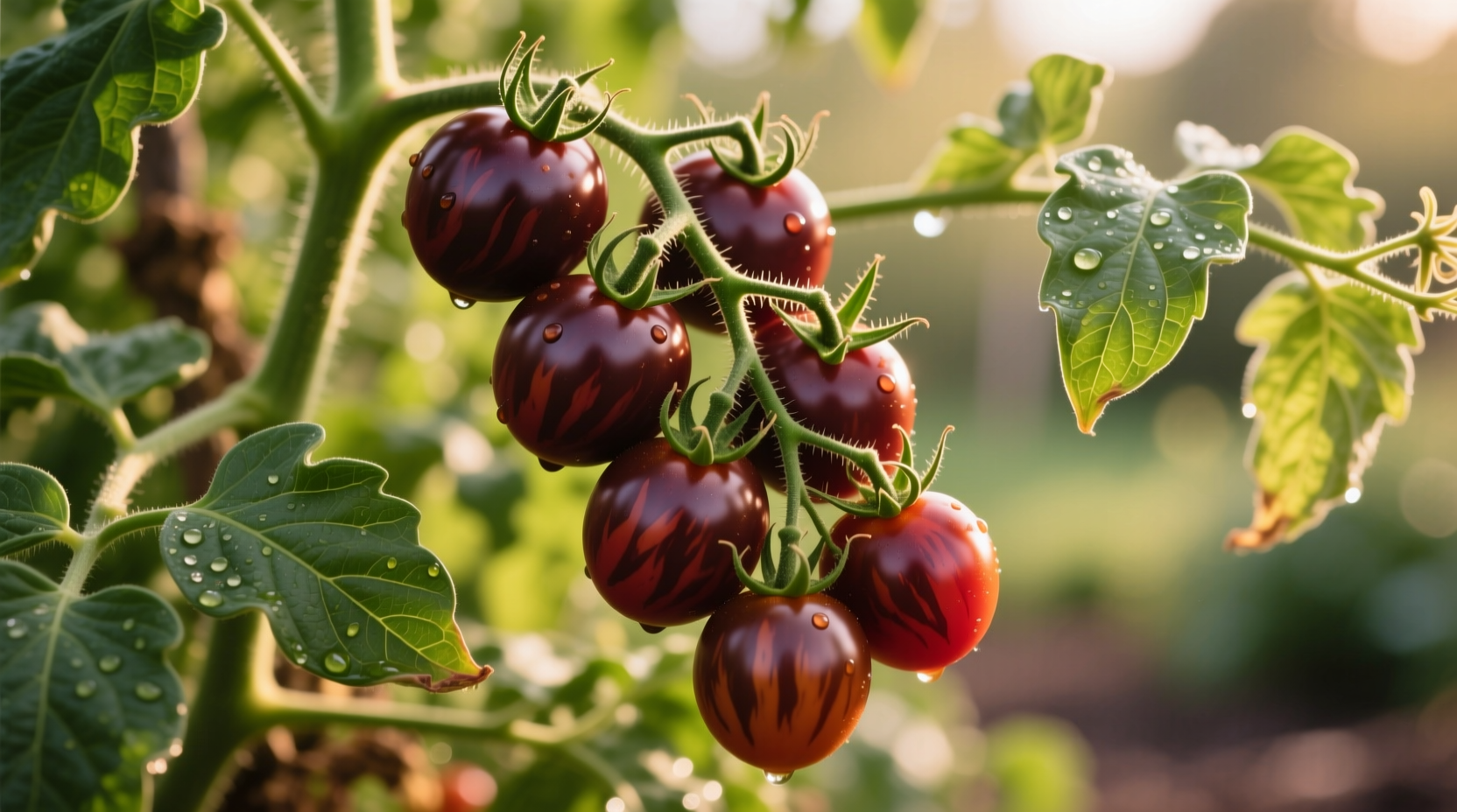 Ripe chocolate cherry tomatoes on vine with green leaves