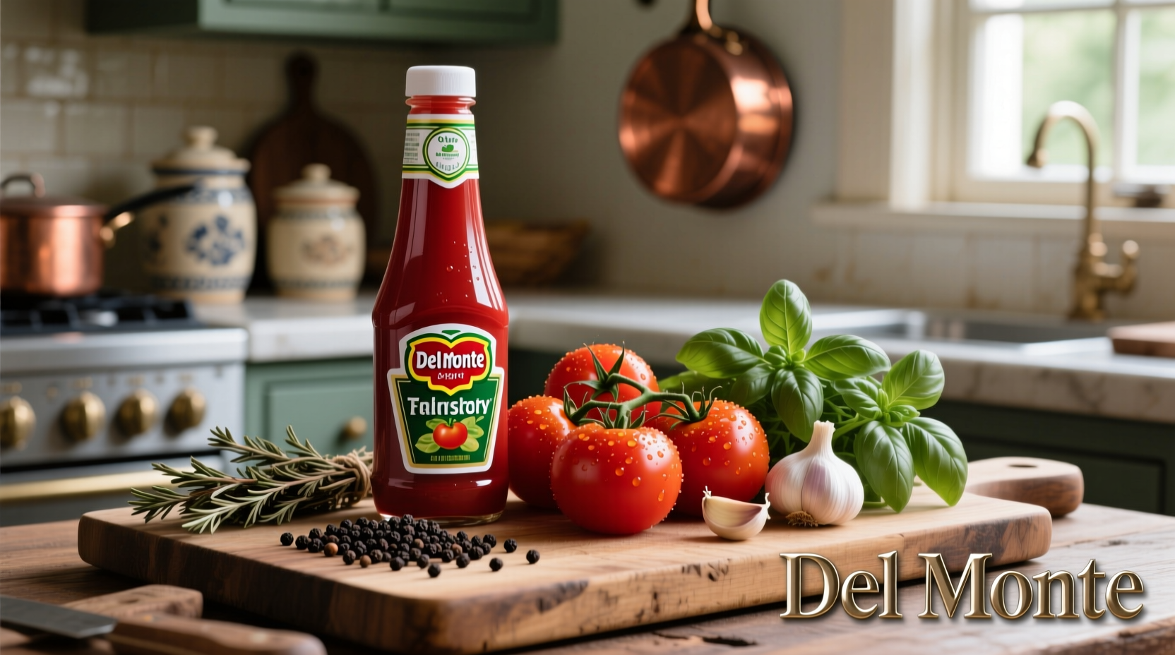 Del Monte ketchup bottle next to fresh tomatoes and cooking ingredients