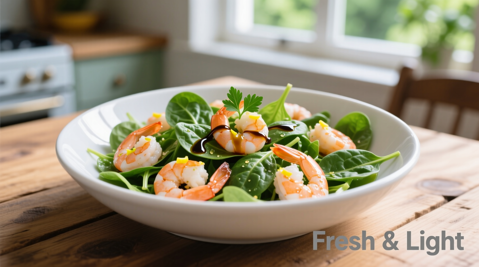 Fresh shrimp and spinach salad in white bowl