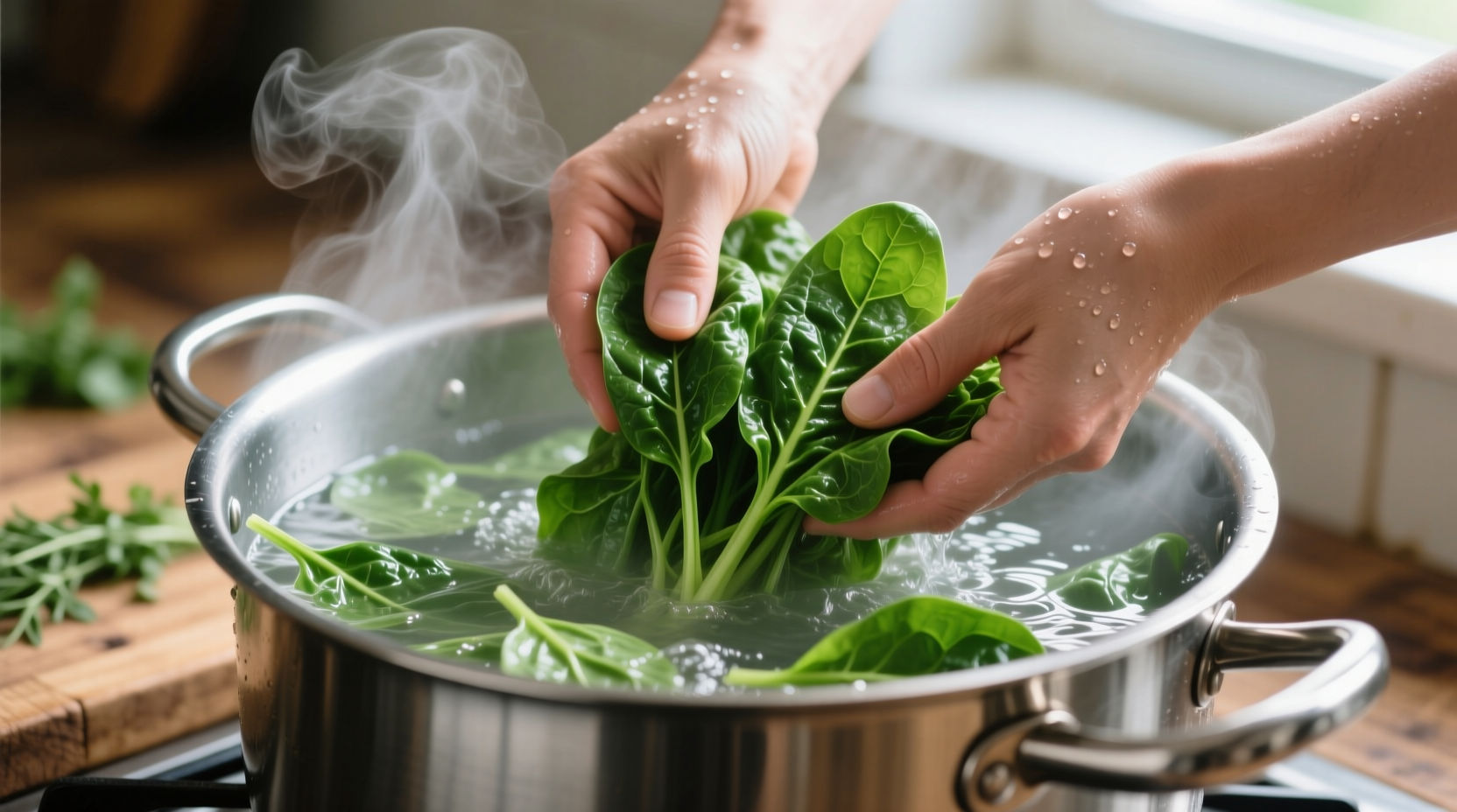 Hands blanching fresh spinach in boiling water
