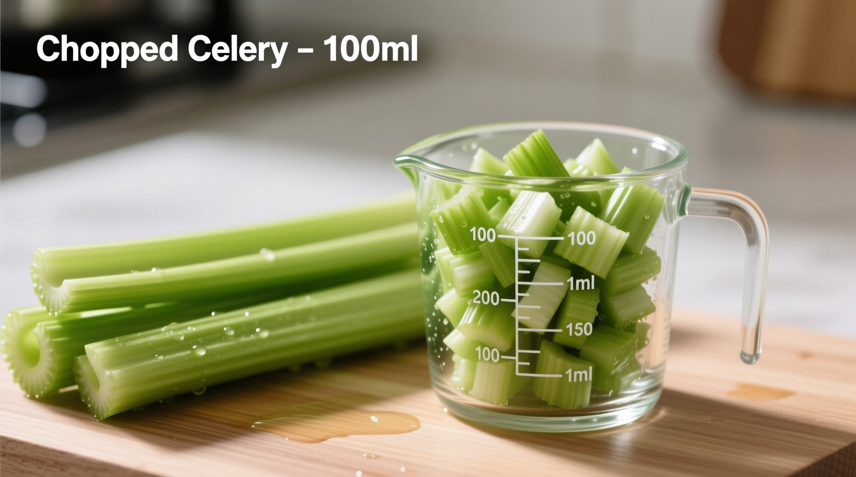 Chopped celery in measuring cup with stalks beside it