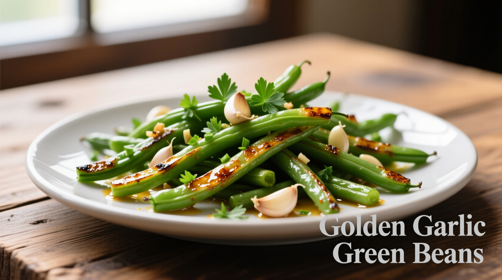 Crisp sauteed green beans with golden garlic