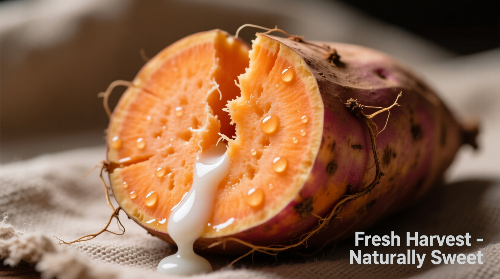 Fresh sweet potato with natural white sap on cut surface