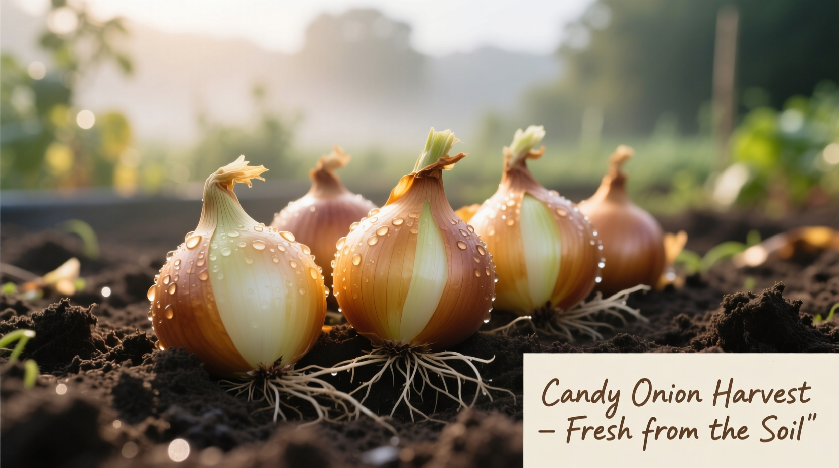 Freshly harvested candy onion sets in garden soil