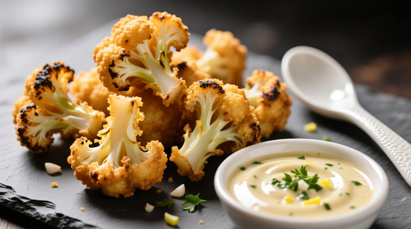 Crispy golden fried cauliflower with dipping sauce