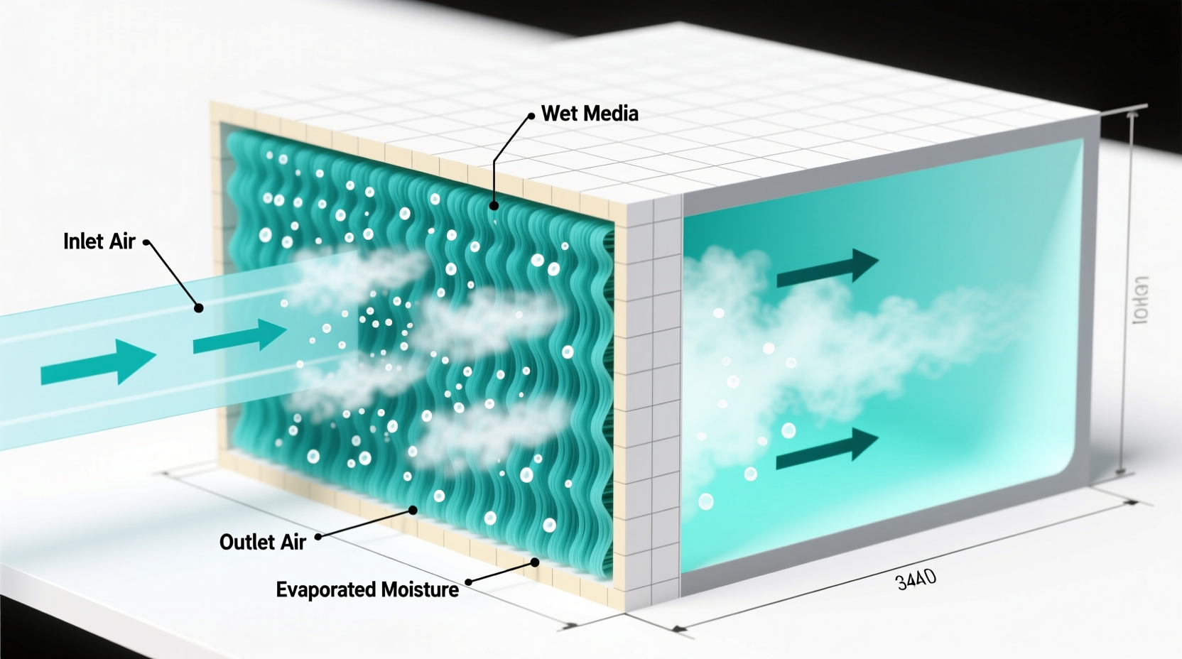 Evaporative cooling diagram showing airflow through wet media