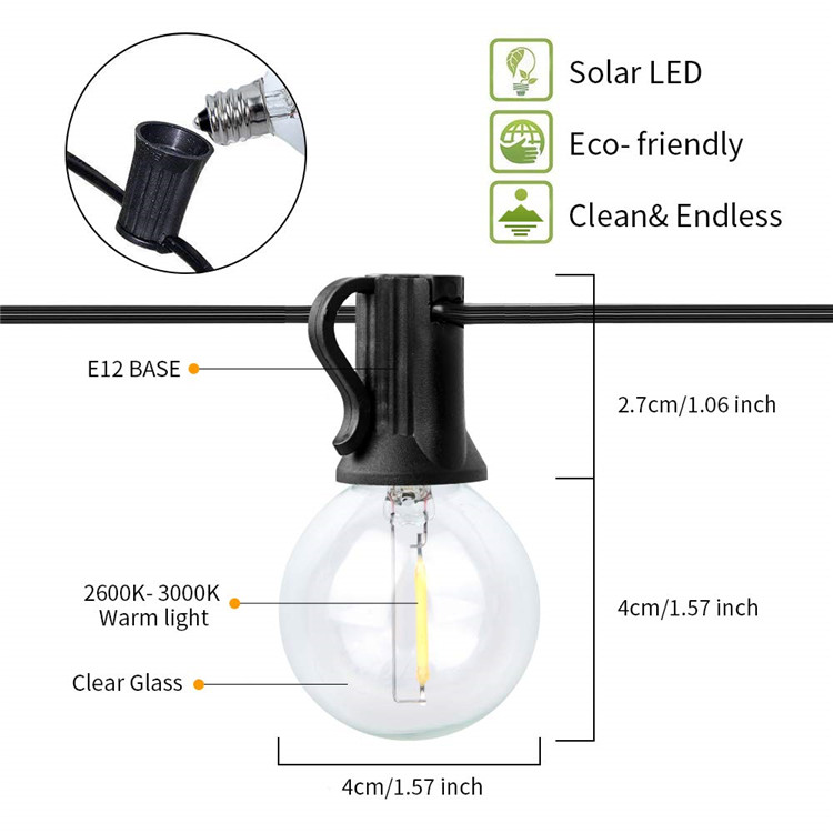 Hotsale energy saving 28ft manufacturer Outdoor waterproof LED G40 LED string light powered by solar panel