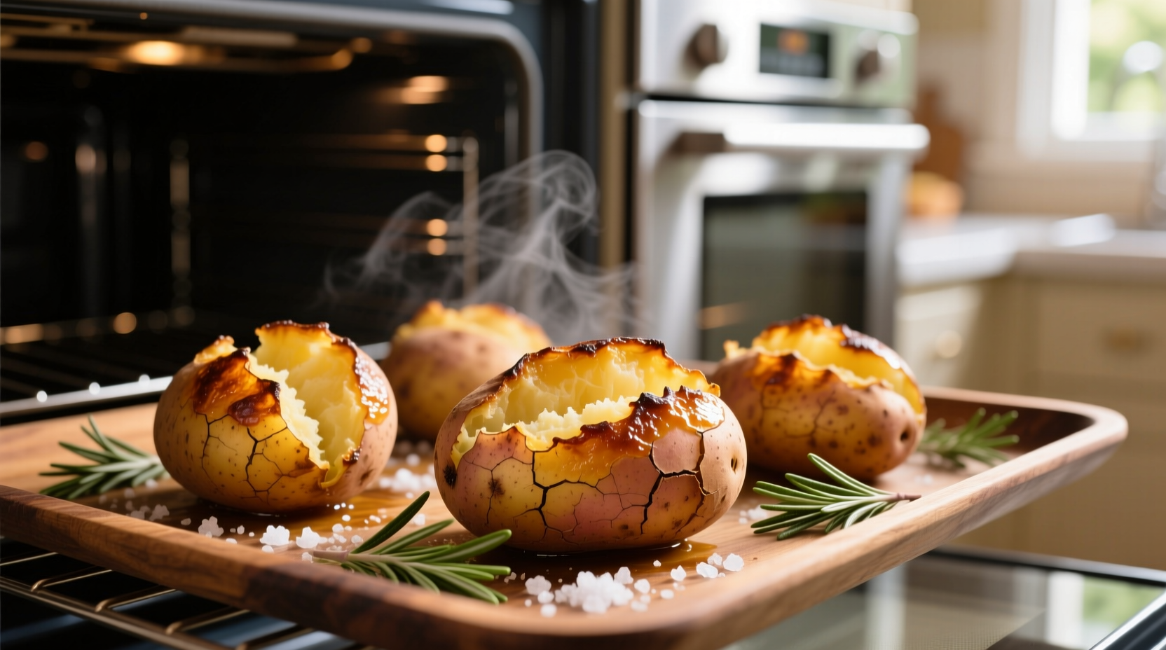 Russet potatoes roasting in oven with crispy edges