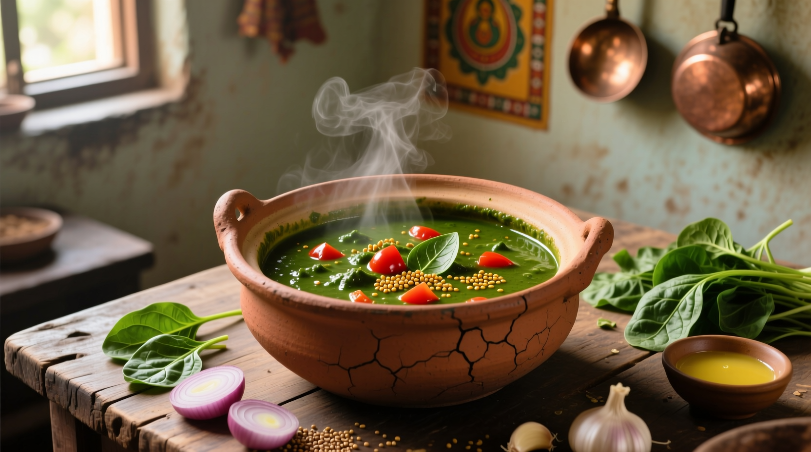 Malabar spinach curry in traditional clay pot