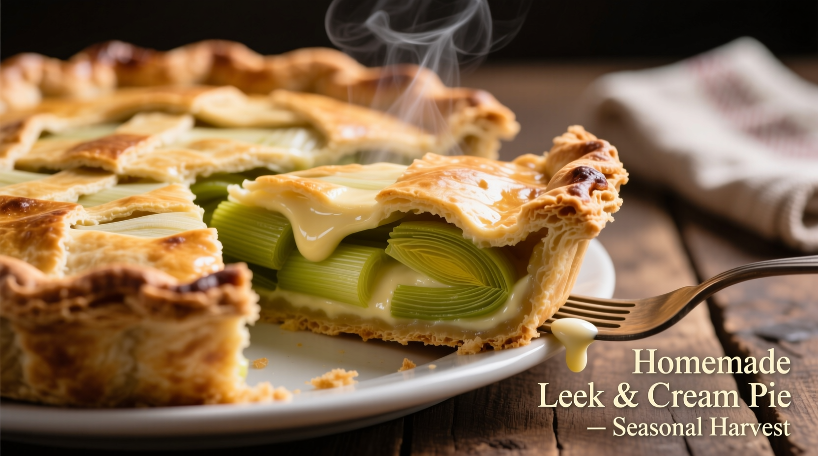 Golden-brown leek pie with flaky crust and creamy filling