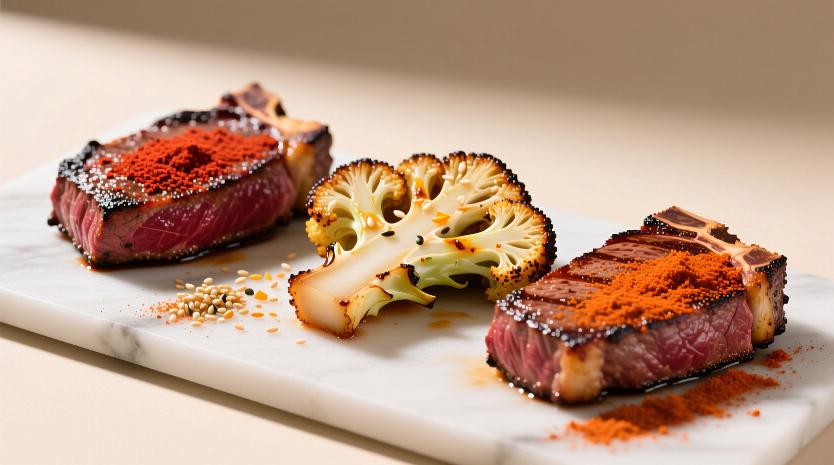 Three cauliflower steaks with distinct spice coatings: North African harissa blend, Japanese shichimi togarashi, and Mexican achiote paste