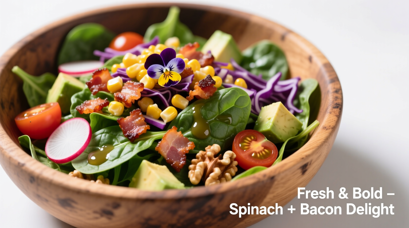 Fresh spinach bacon salad with colorful toppings in wooden bowl