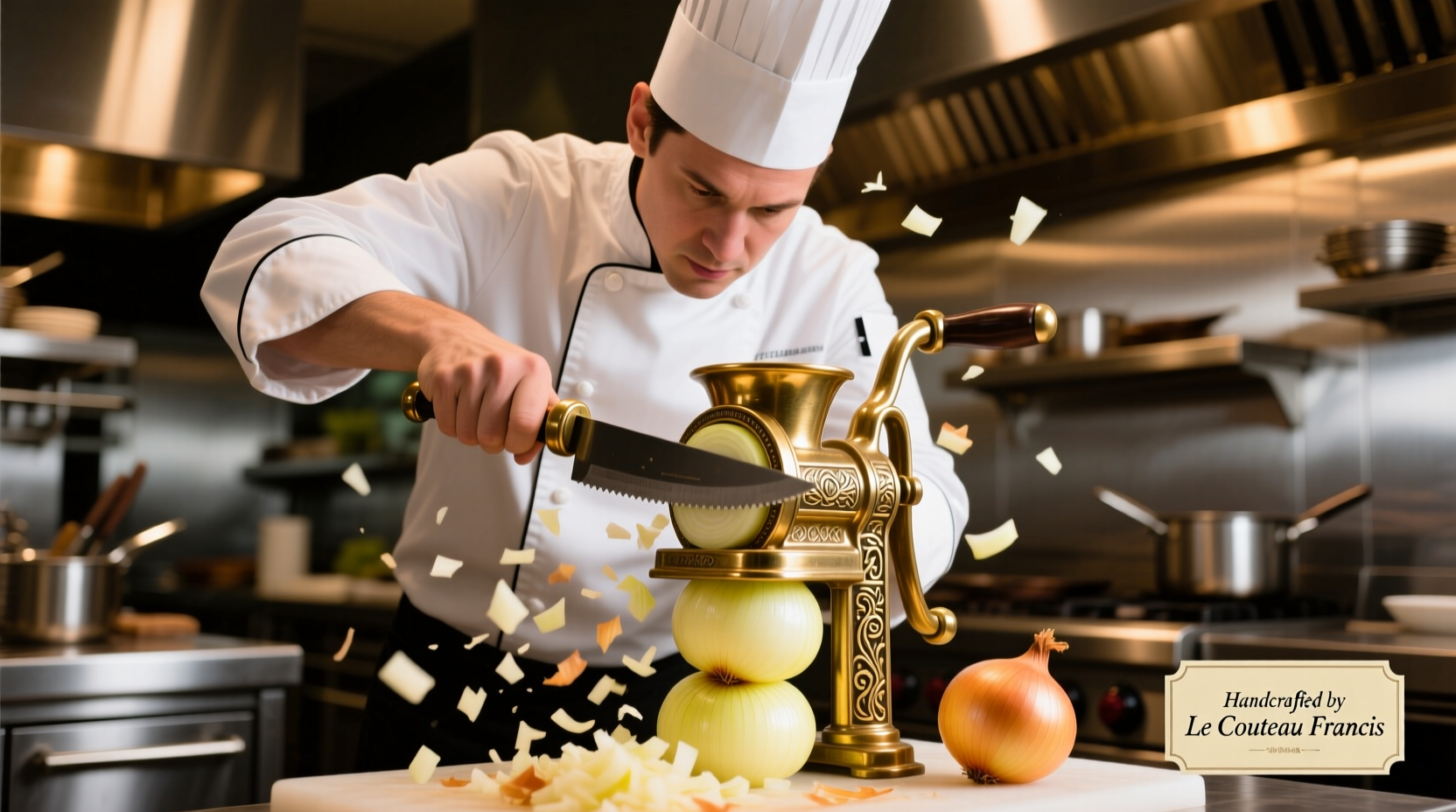 Professional chef using manual onion chopper