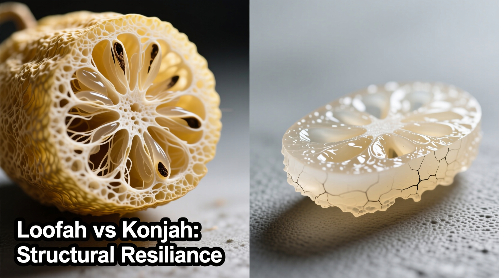 Side-by-side macro photos: left, a loofah segment showing open fibrous cross-section ready for microbial infiltration; right, a konjac sponge slice revealing dense, gel-like uniformity resistant to fragmentation