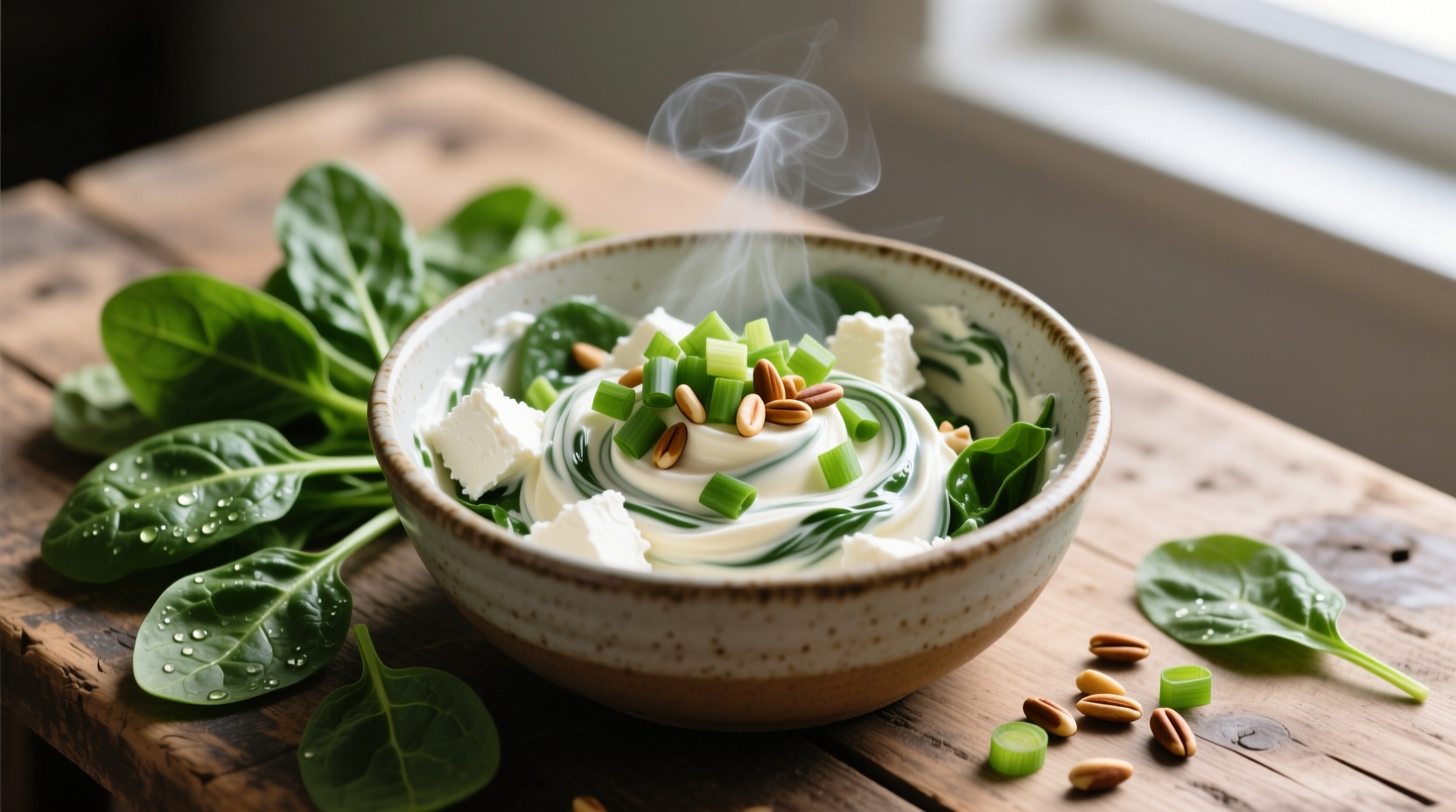 Cream cheese spinach mixture in mixing bowl with fresh ingredients