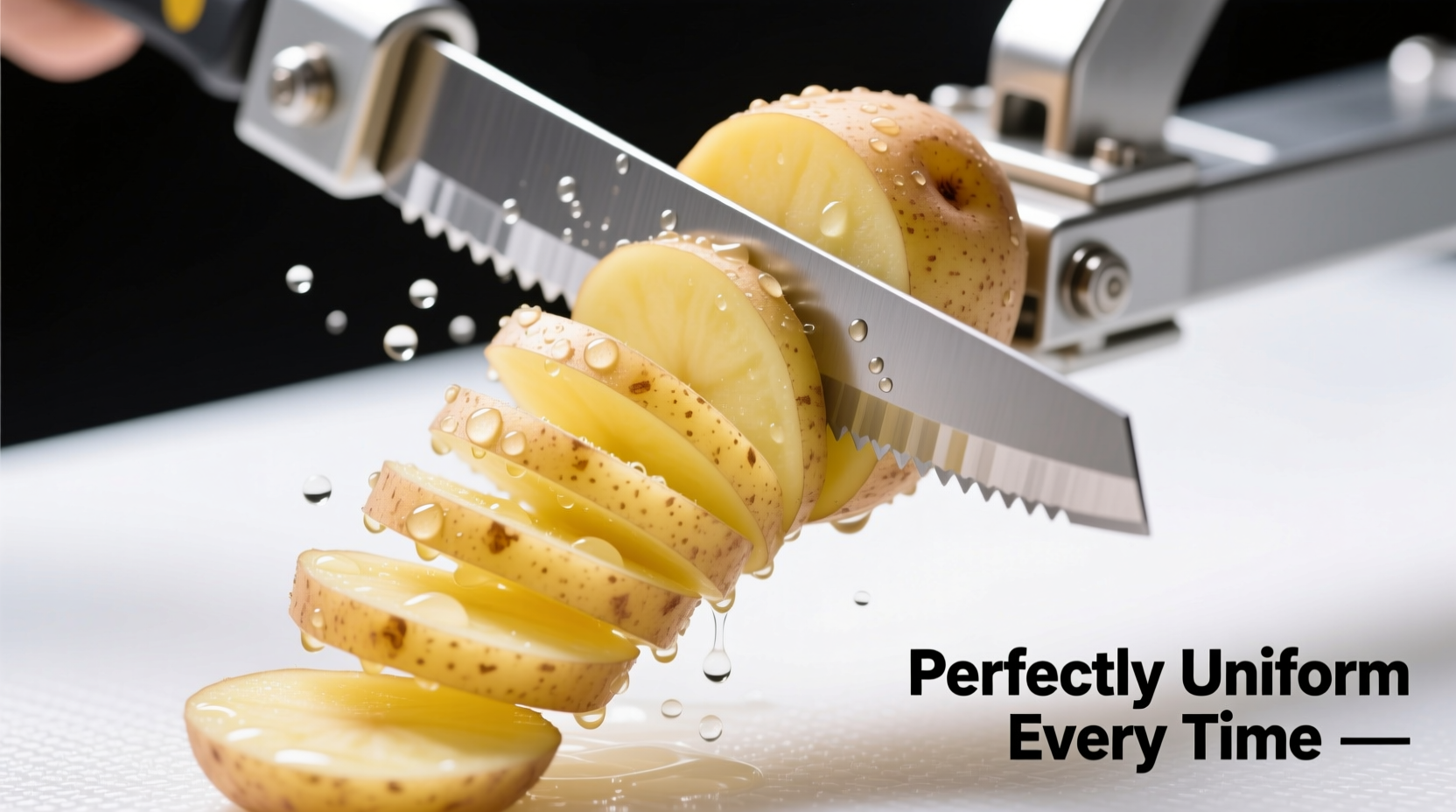 Potato wedge cutter in action producing uniform potato wedges