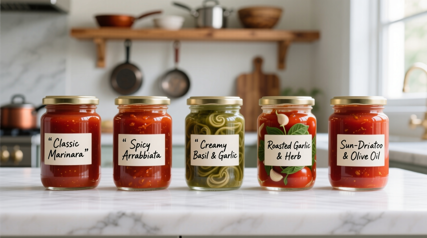 Five different tomato sauce varieties in clear containers