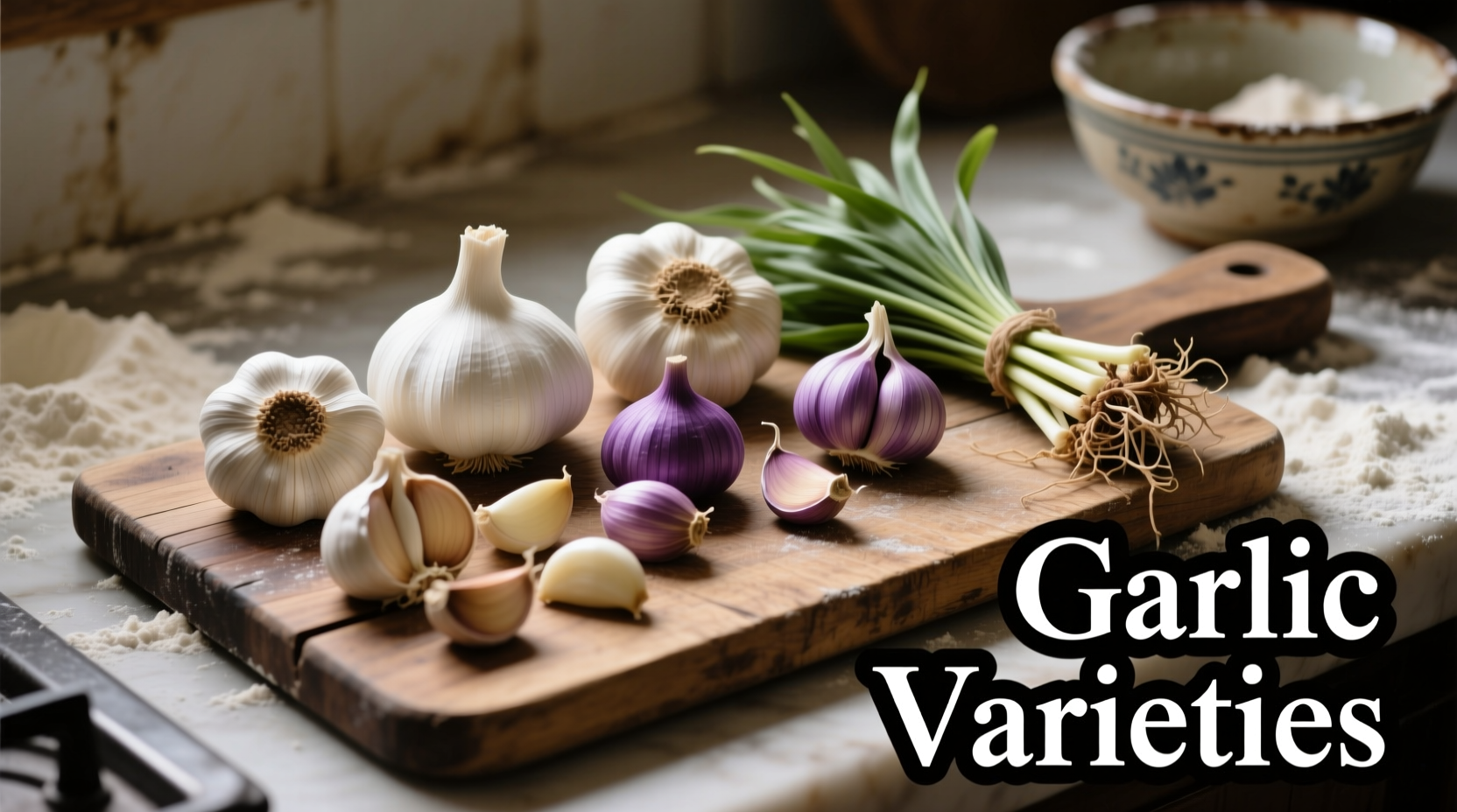 Various garlic varieties on wooden cutting board