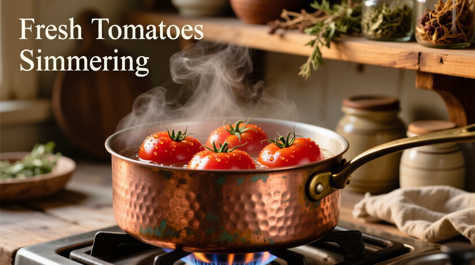 Fresh tomatoes simmering in copper pot