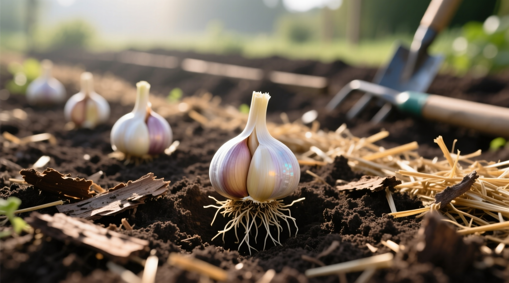 Garlic cloves planted in prepared garden soil with mulch
