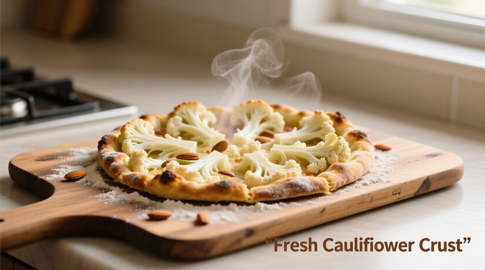 Fresh cauliflower pizza crust on baking sheet