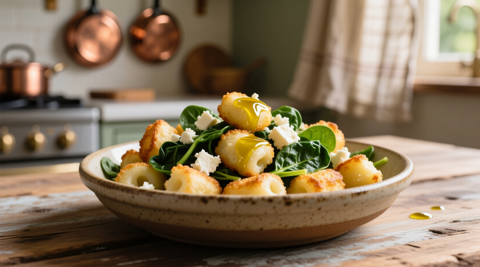 Golden crispy gnocchi with wilted spinach and feta