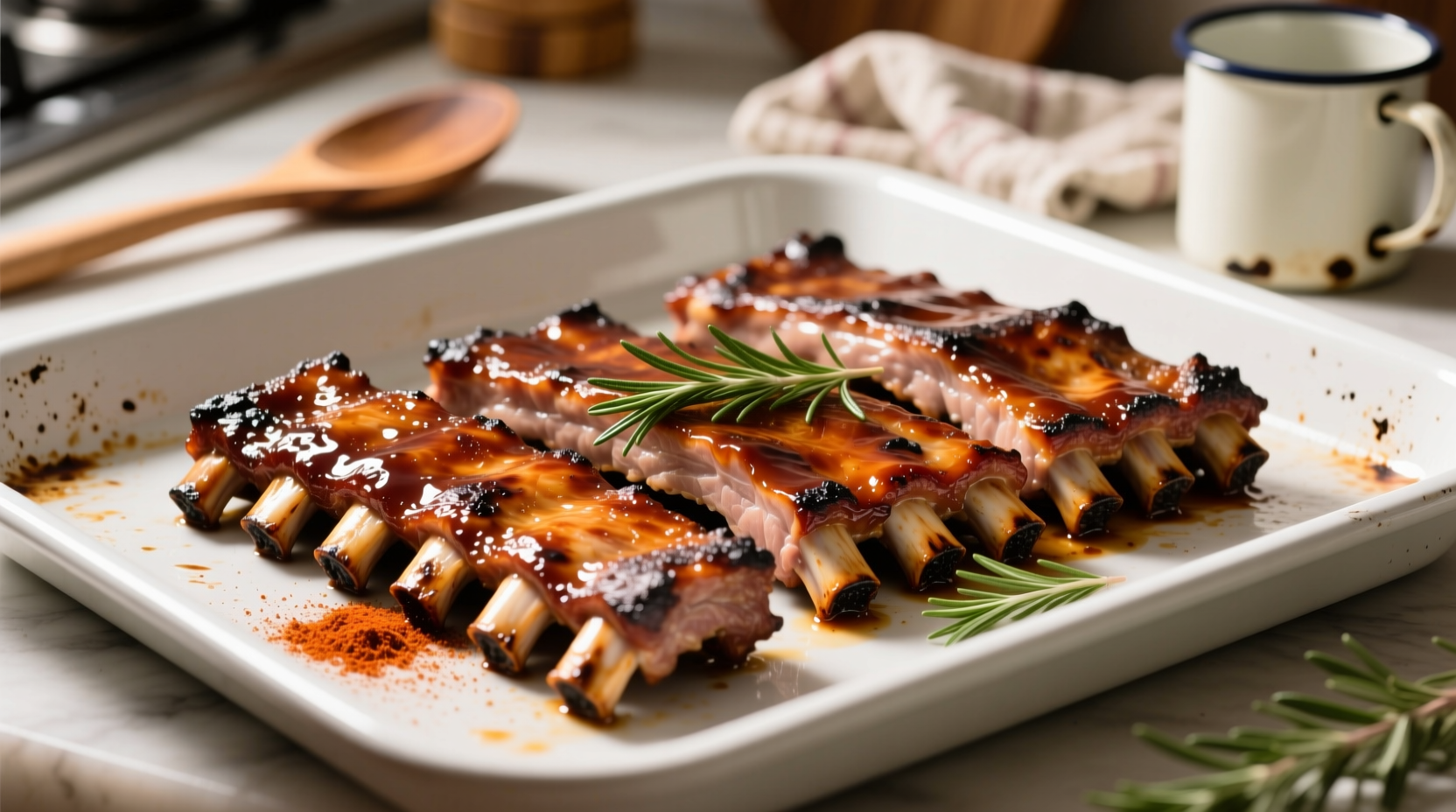 Perfectly cooked boneless pork ribs on baking sheet