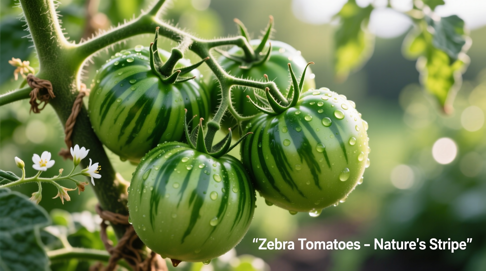 Ripe Green Zebra tomatoes on vine with distinctive green stripes