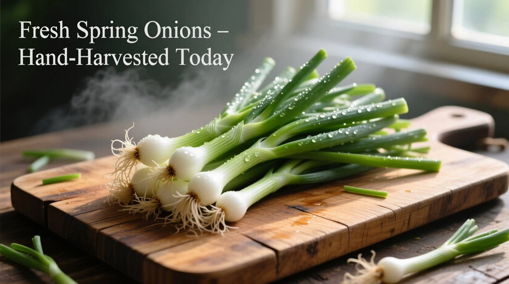 Fresh spring onions arranged on wooden cutting board